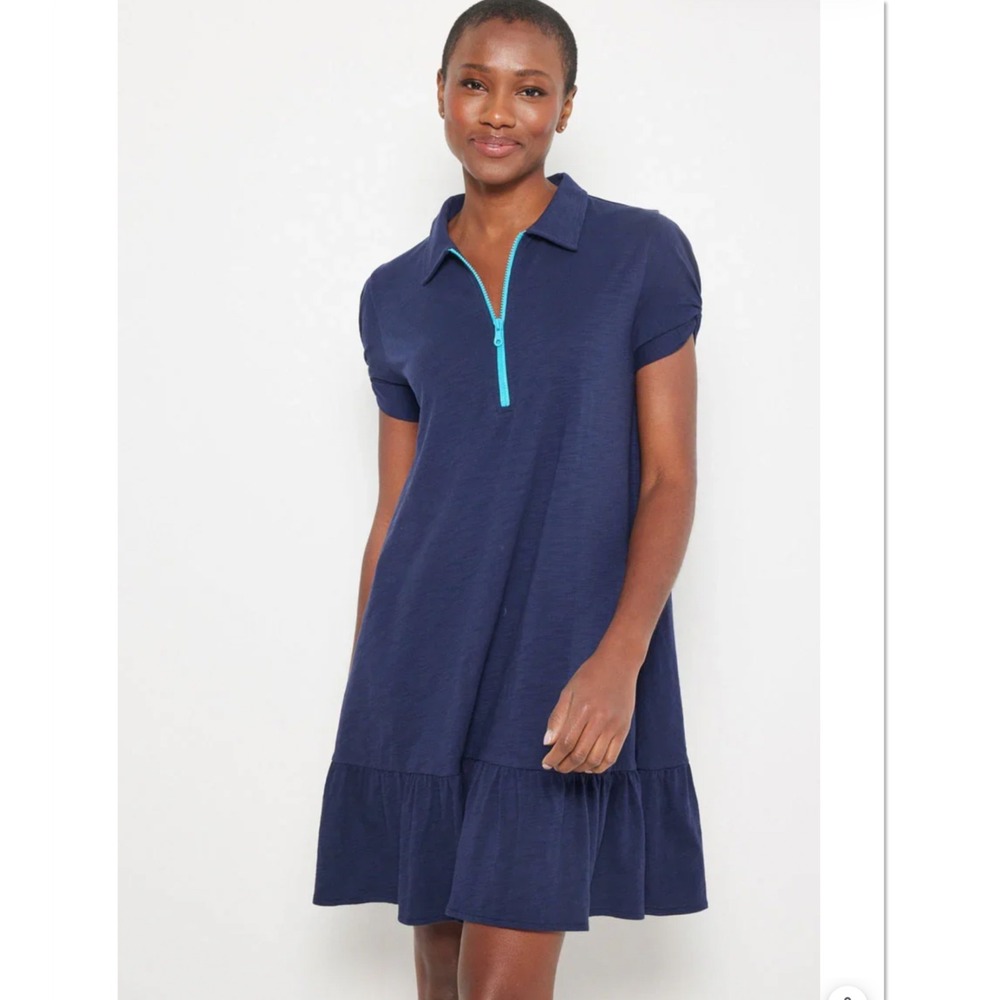 Lisa Todd Courtside Dress Navy Blue M Pima Cotton Zip Polo Tenniscore Athleisure
